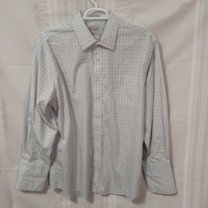 WH Belk Dress Shirt Men 17.5 34/35 Blue Plaid Luxury Non-Iron French Cuff Pocket